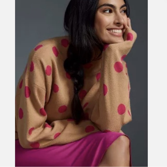 Anthropologie Tan and Pink Cowl Neck Sweater with Polka Dots - Picture 2 of 6